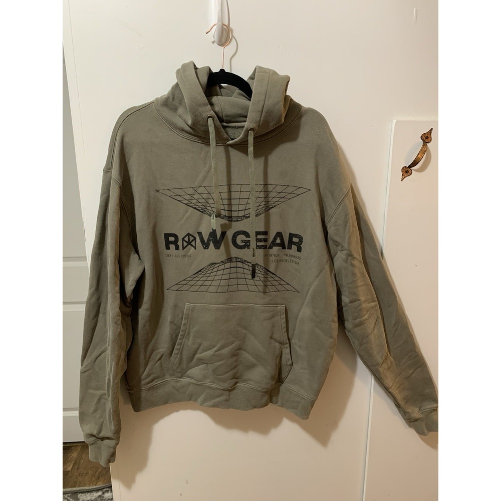 Rawgear Defy All Odds Graphic Hoodie Olive Green Mens Medium 100% Cotton